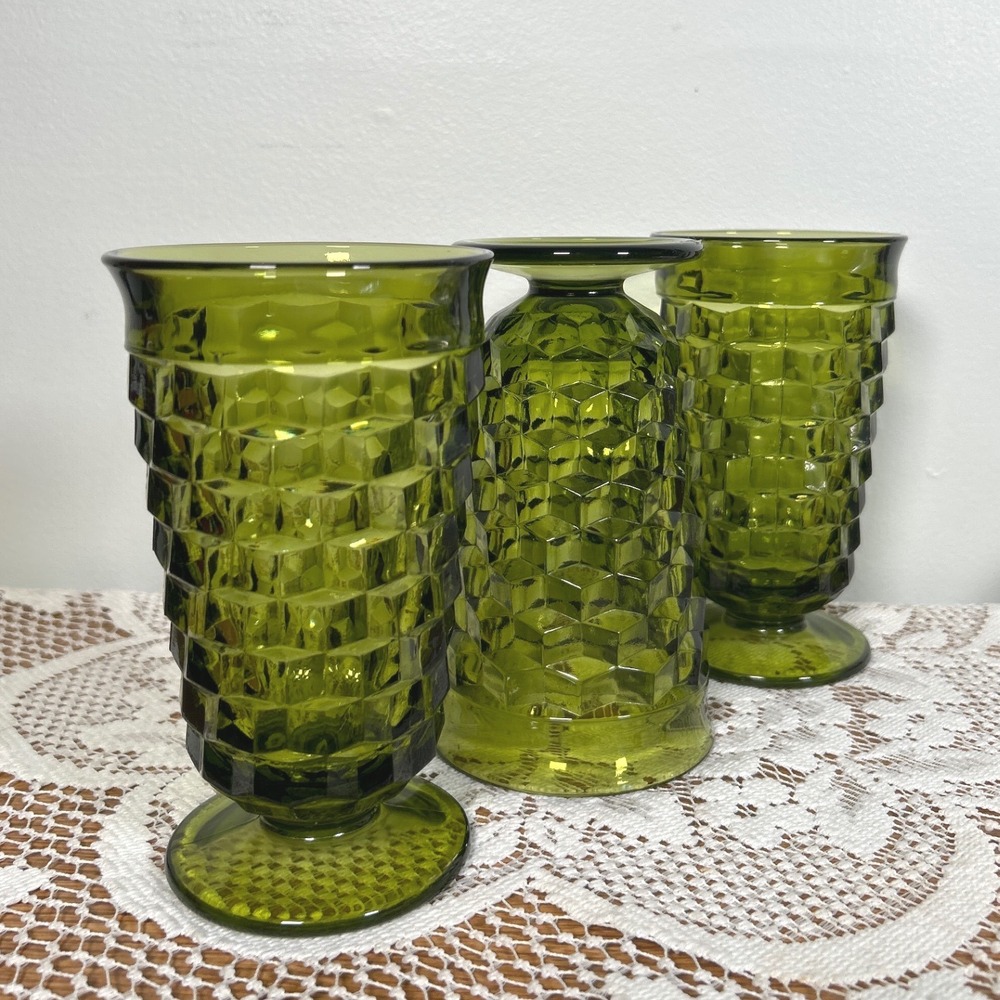 Whitehall Cubist Footed Tumblers Green Glass Iced Tea Glasses VTG 70s Set of 3